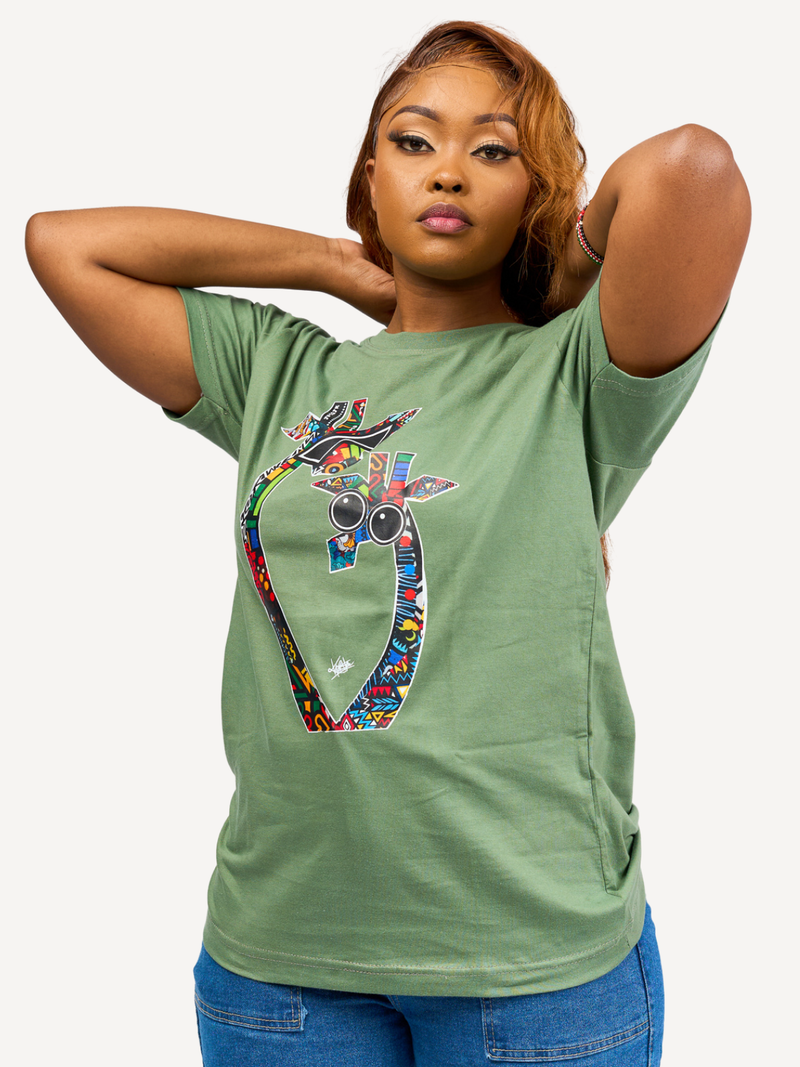 Kali Graphic Ts: Olive Green with Twiga