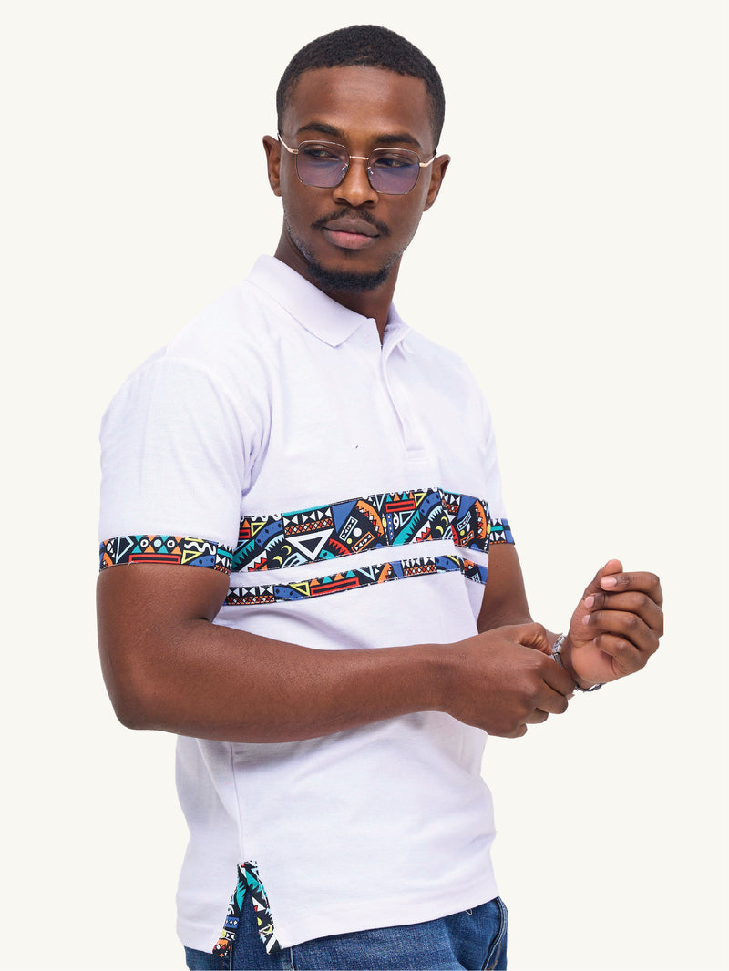 Kali Premium Polos: White with Blue Tribal Double Strip