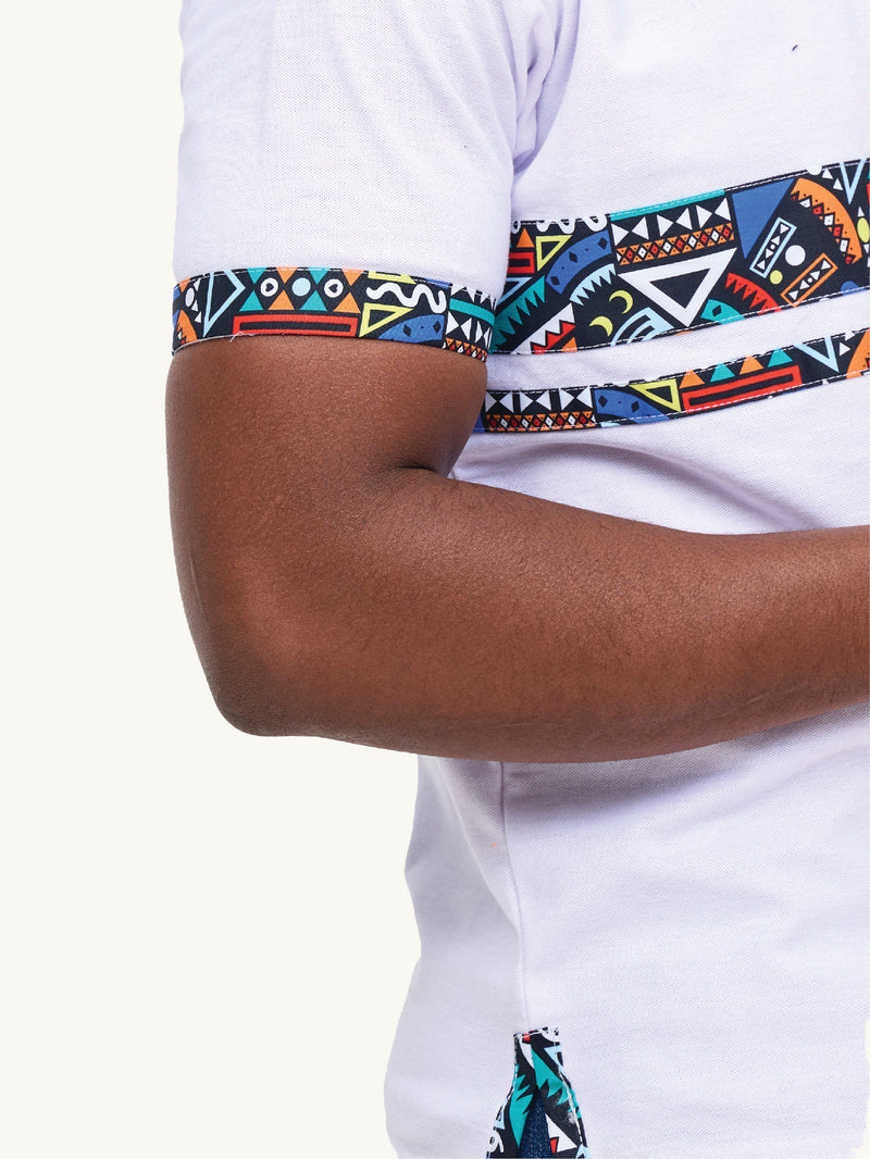 Kali Premium Polos: White with Blue Tribal Double Strip