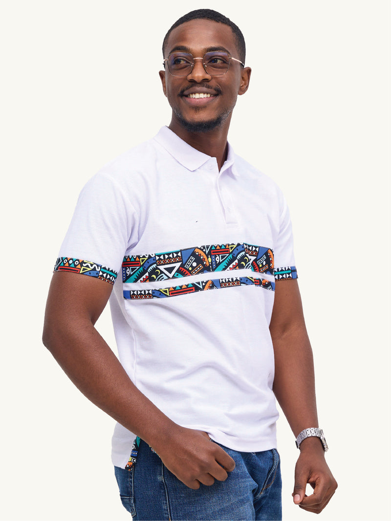 Kali Premium Polos: White with Blue Tribal Double Strip
