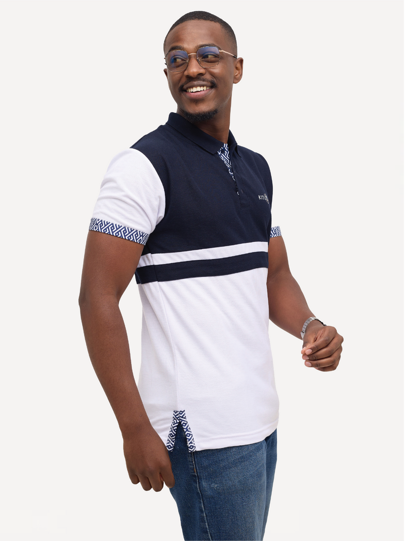 Kali Premium Block Polos: White & Navy with Navy Wave Print