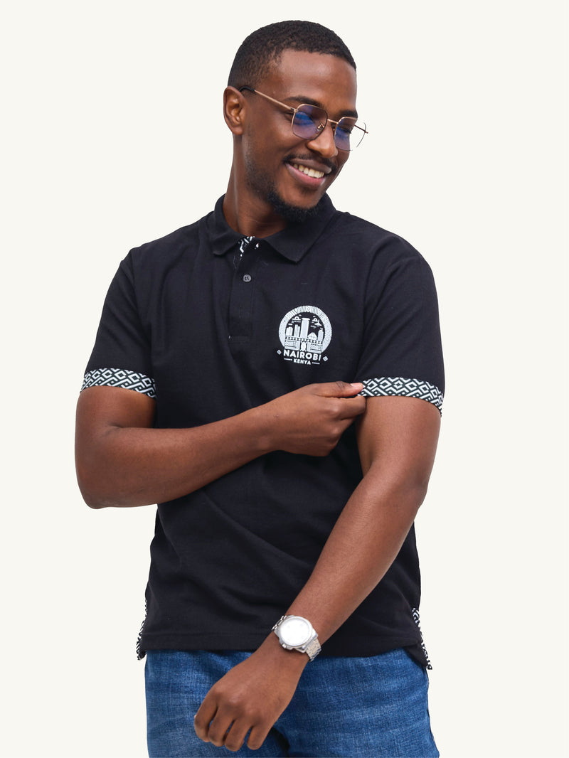 Kali Premium Polos: Black with B&W Wave Print
