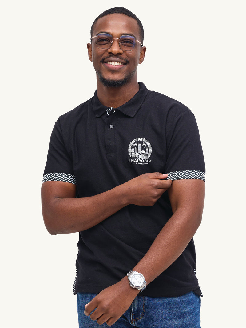 Kali Premium Polos: Black with B&W Wave Print