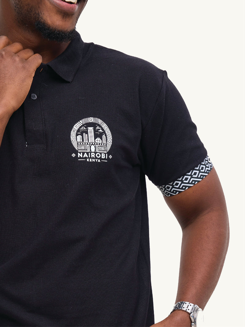 Kali Premium Polos: Black with B&W Wave Print