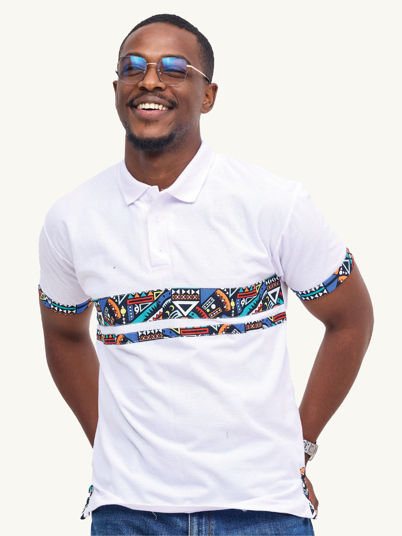 Kali Premium Polos: White with Blue Tribal Double Strip
