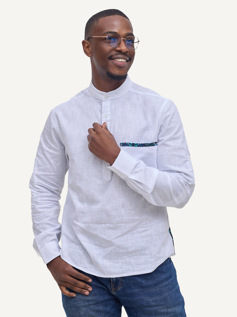 Linen Long-Sleeve Shirts: White with Teal & Blue KK