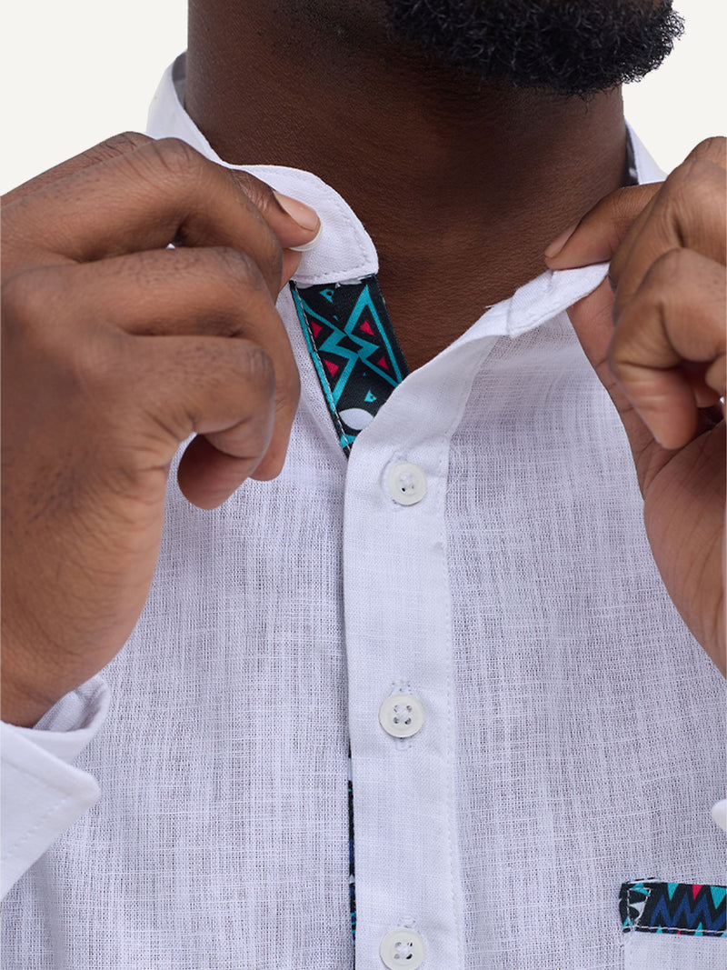 Linen Long-Sleeve Shirts: White with Teal & Blue KK