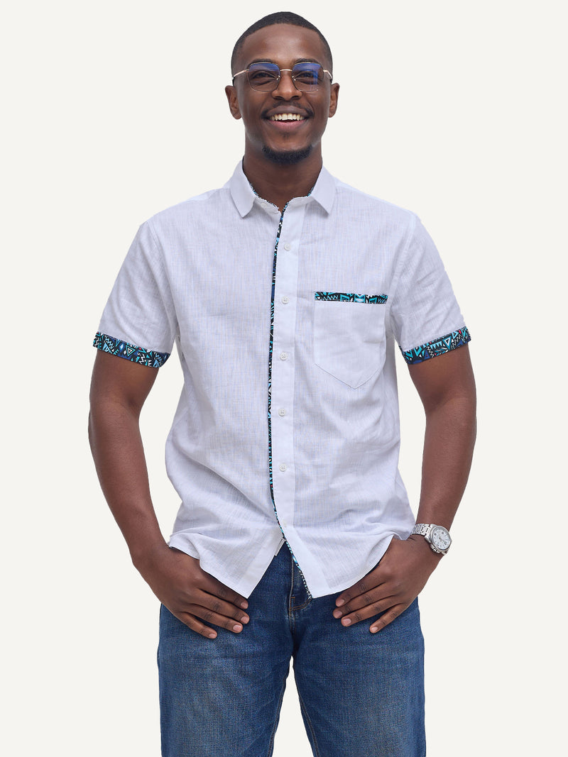 Linen Shirts: White with Teal & Blue KK