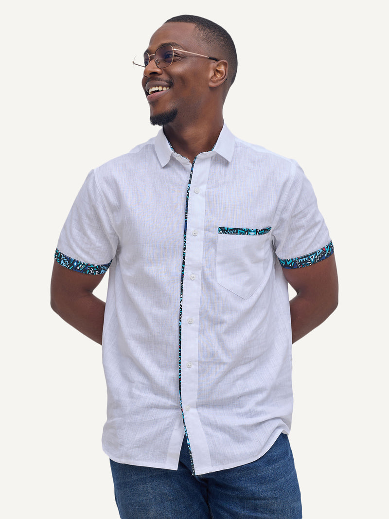 Linen Shirts: White with Teal & Blue KK