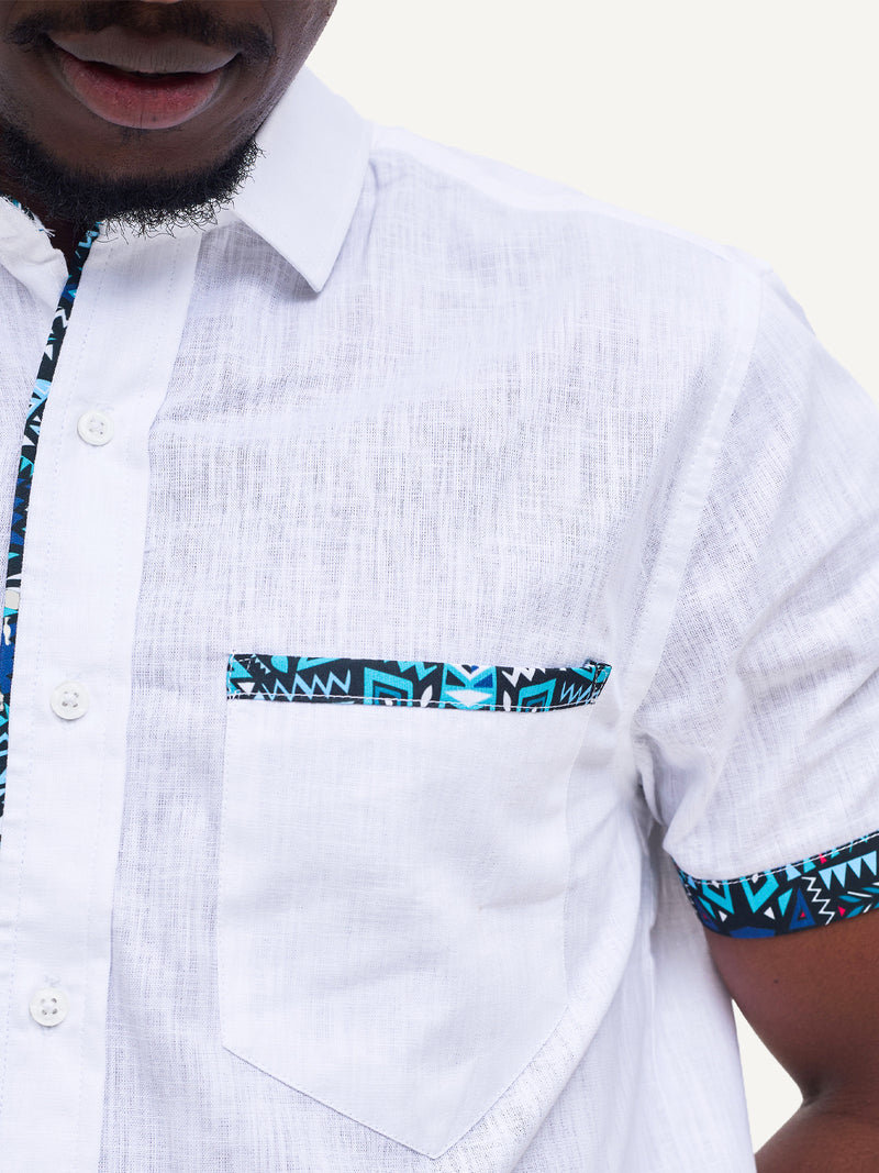 Linen Long-Sleeve Shirts: White with Teal & Blue KK
