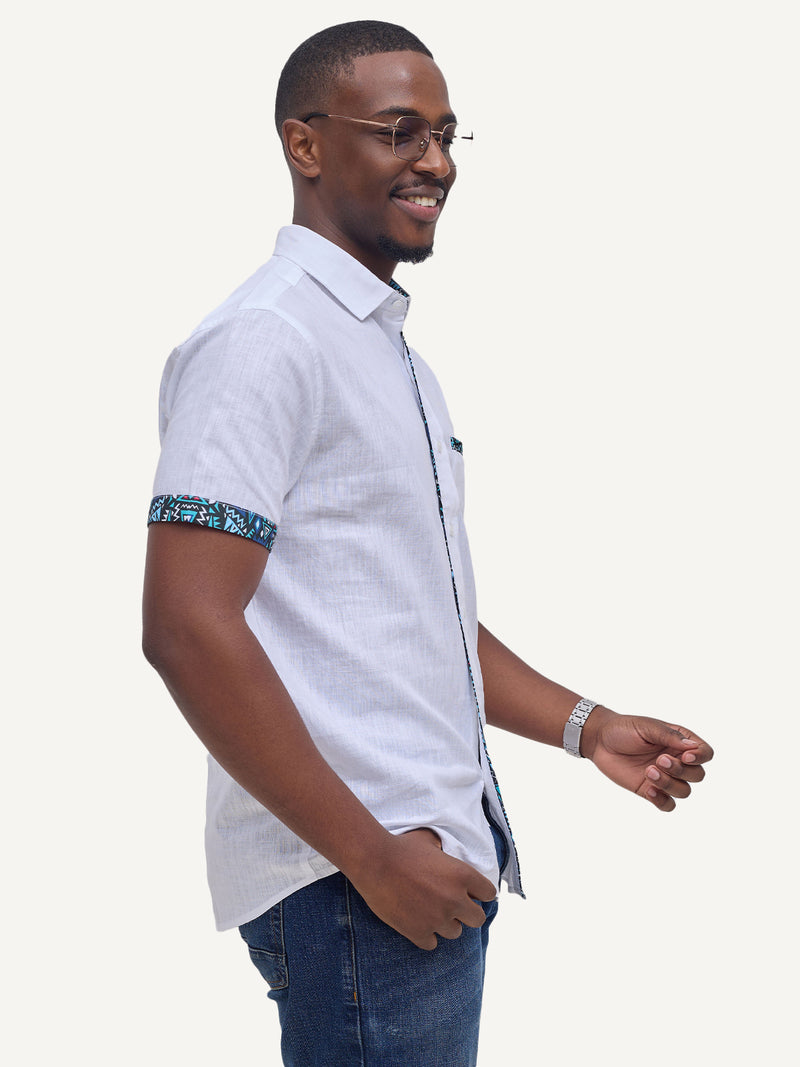 Linen Shirts: White with Teal & Blue KK