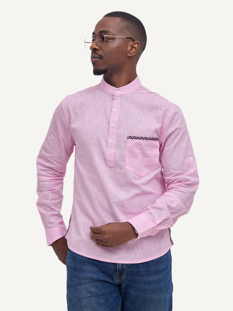 Linen Long-Sleeve Shirts: Baby Pink with Pink Geo Print
