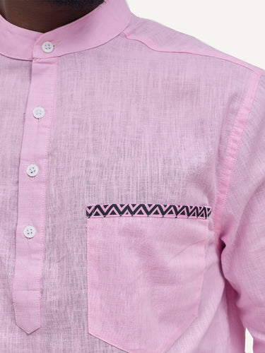 Linen Long-Sleeve Shirts: Baby Pink with Pink Geo Print