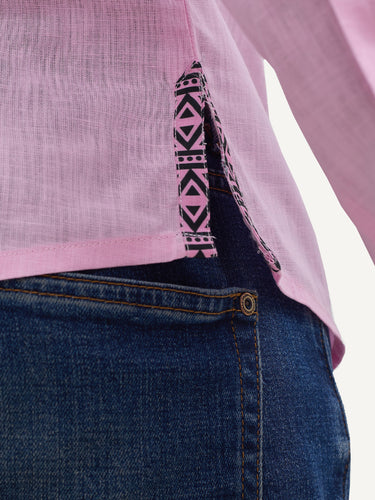 Linen Long-Sleeve Shirts: Baby Pink with Pink Geo Print