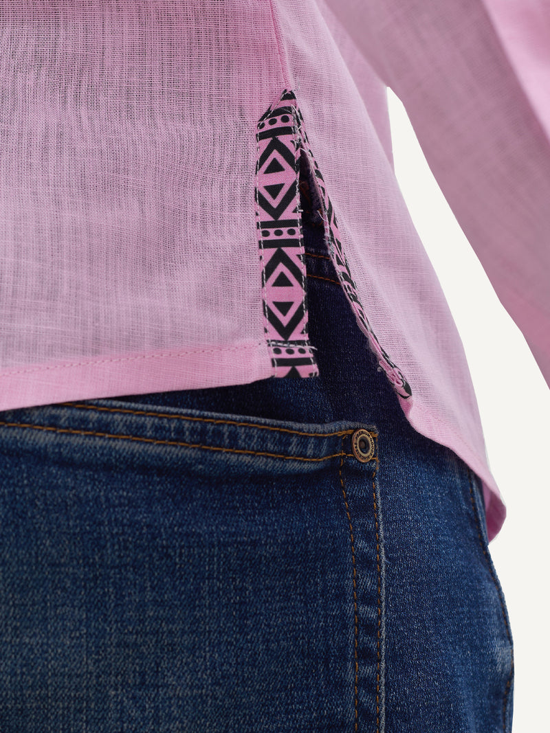 Linen Long-Sleeve Shirts: Baby Pink with Pink Geo Print