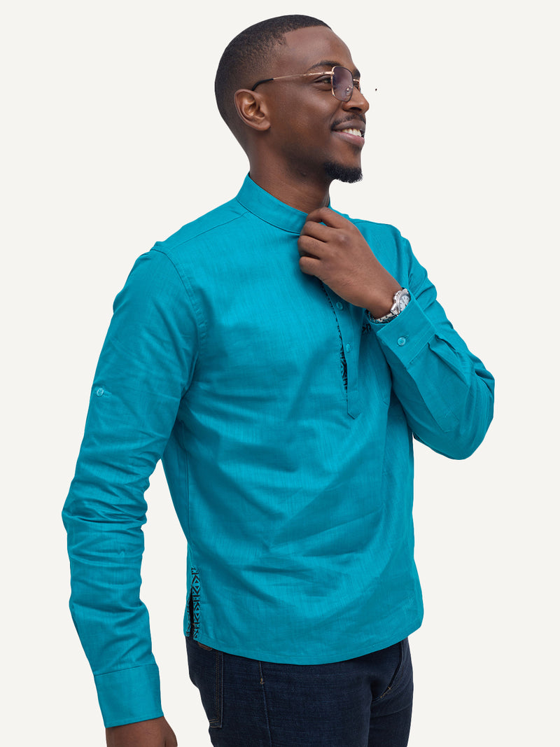 Linen Long-Sleeve Shirts: Teal with Teal & Black KK
