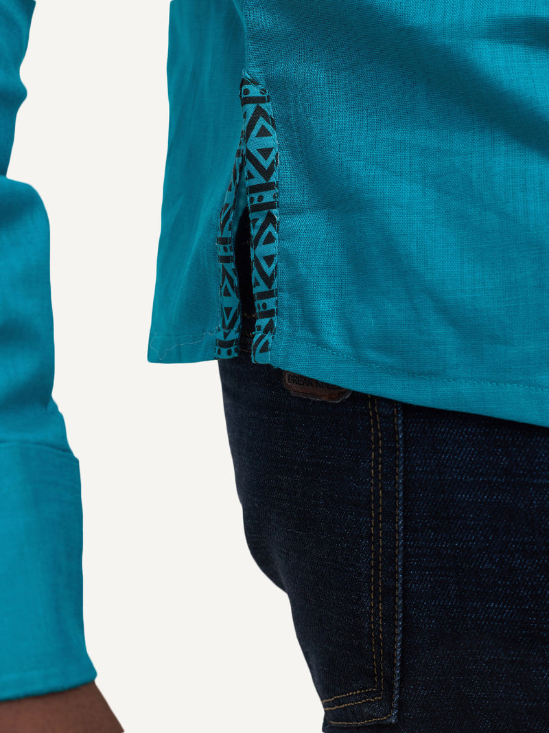 Linen Long-Sleeve Shirts: Teal with Teal & Black KK