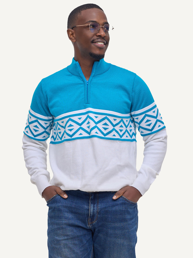 Kali Mens KnitWear: Half-Zip - Teal & White