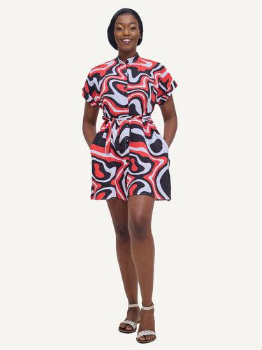 Kali Ladies: Shirt Dress - Cream Red Wave