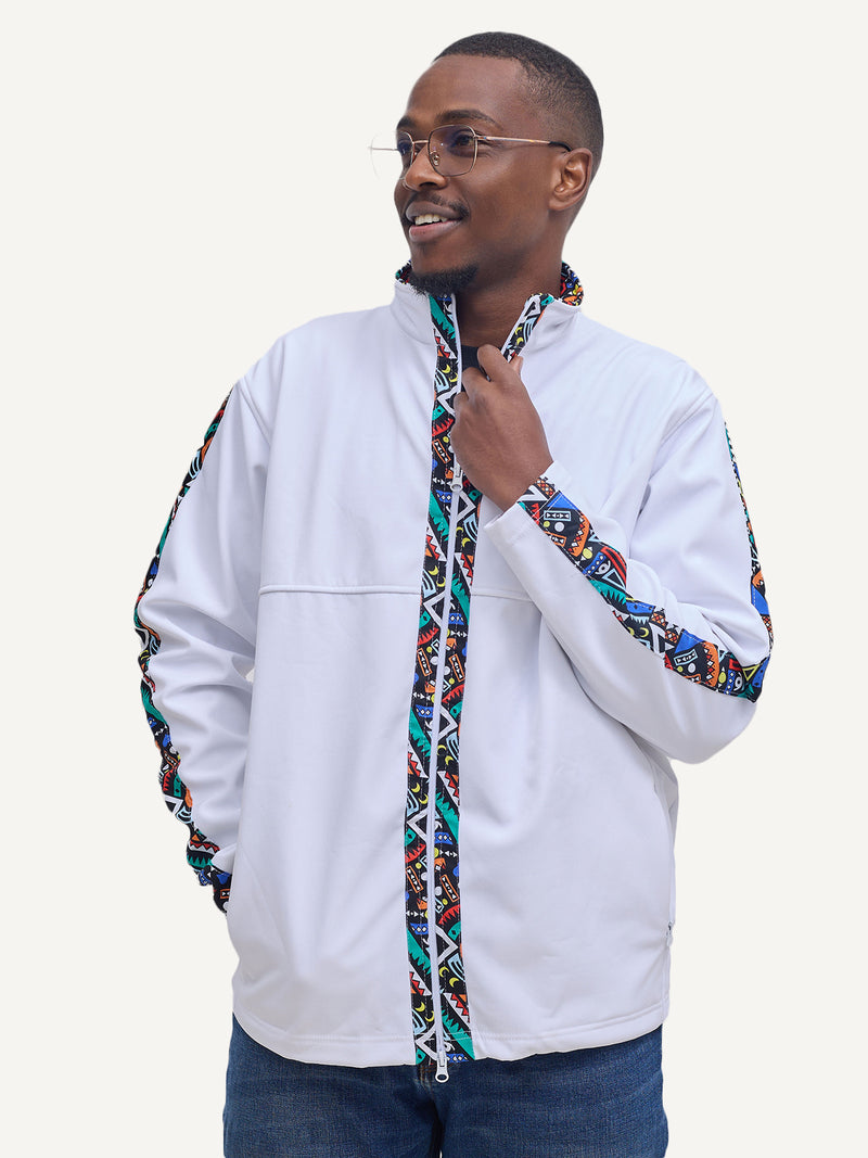 White with Blue Tribal Mens Softshell Jacket: Full Sleeve