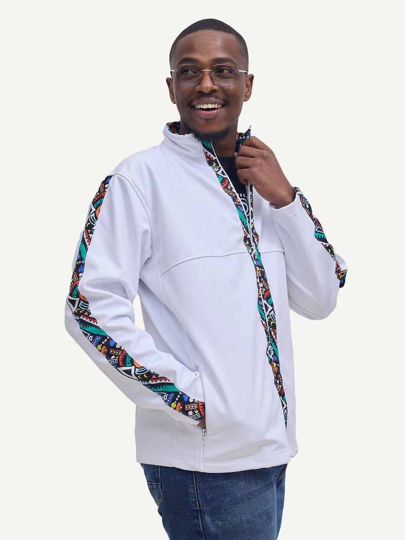 White with Blue Tribal Mens Softshell Jacket: Full Sleeve