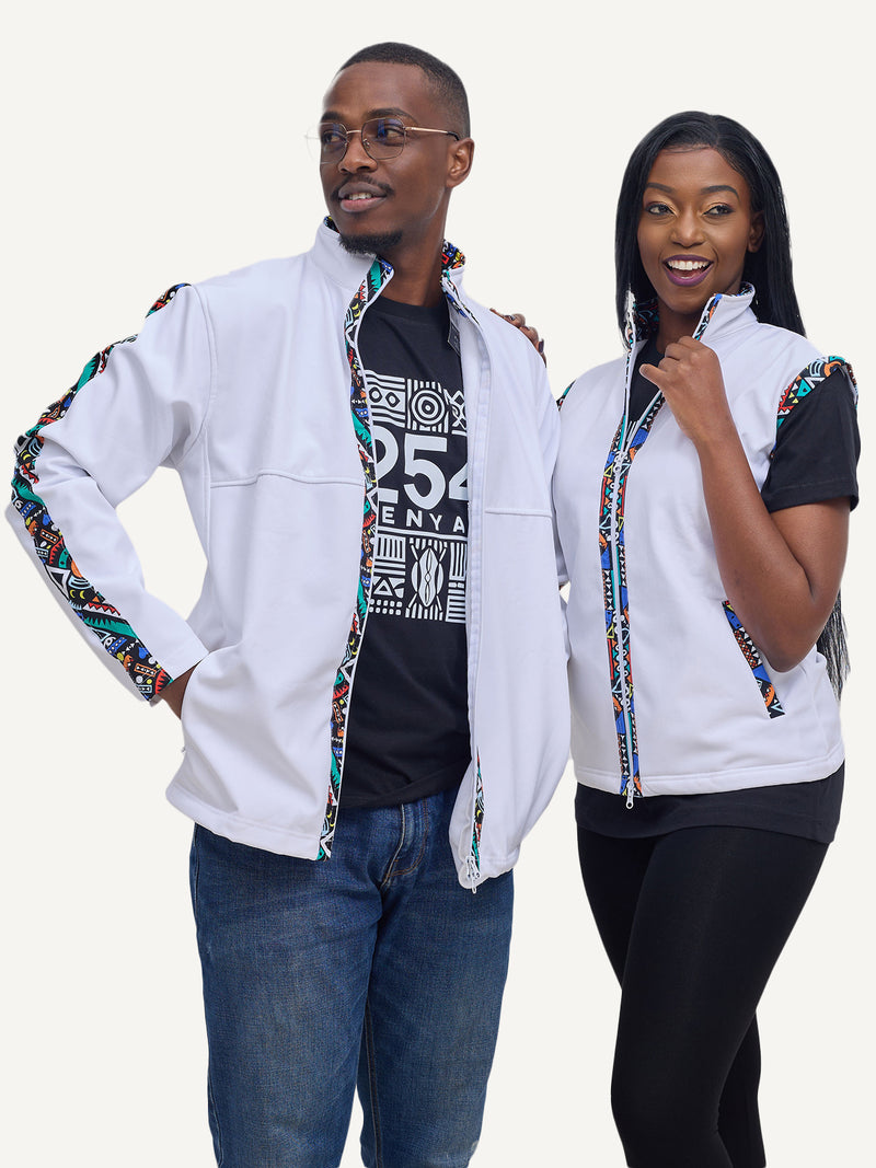 White with Blue Tribal Mens Softshell Jacket: Full Sleeve