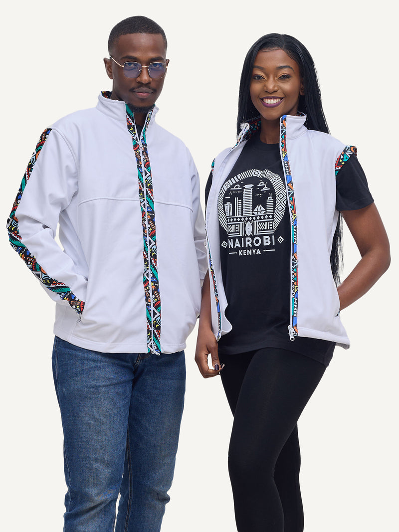 White with Blue Tribal Mens Softshell Jacket: Full Sleeve