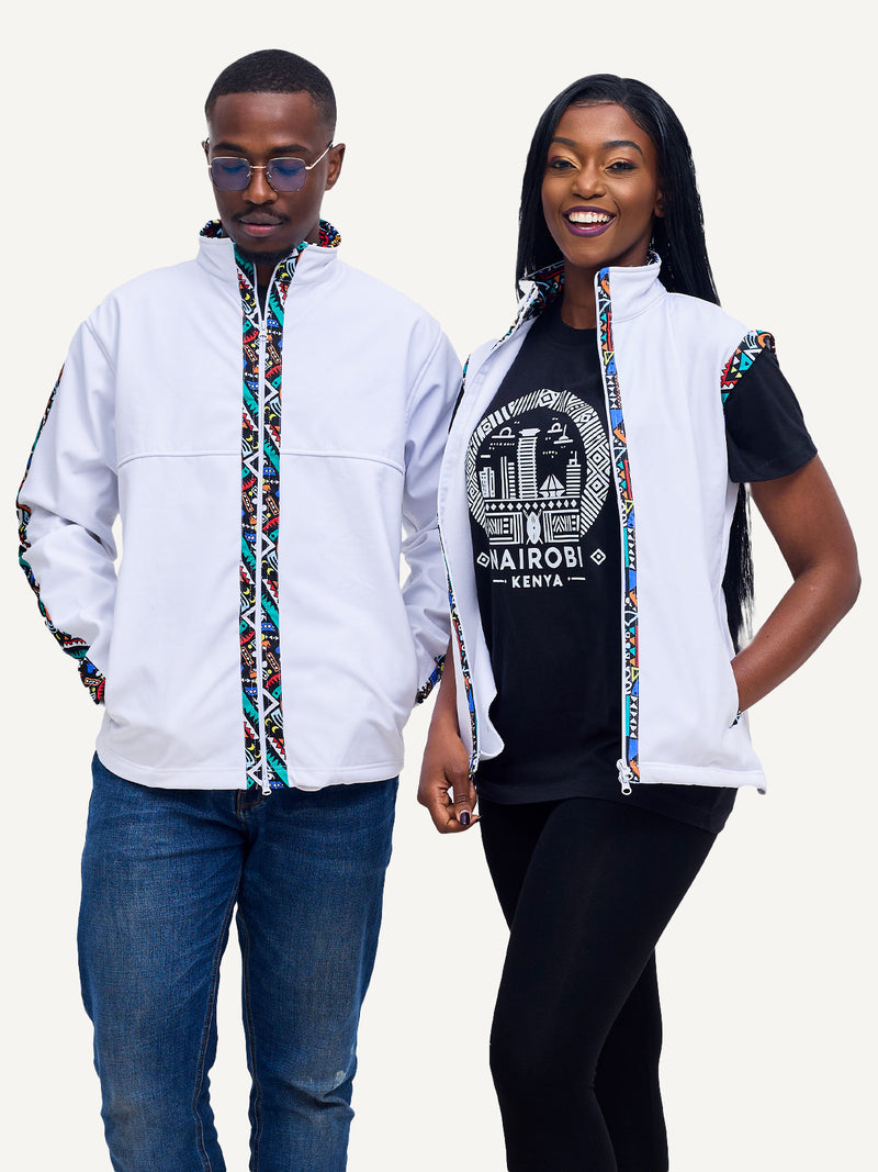 White with Blue Tribal Mens Softshell Jacket: Full Sleeve
