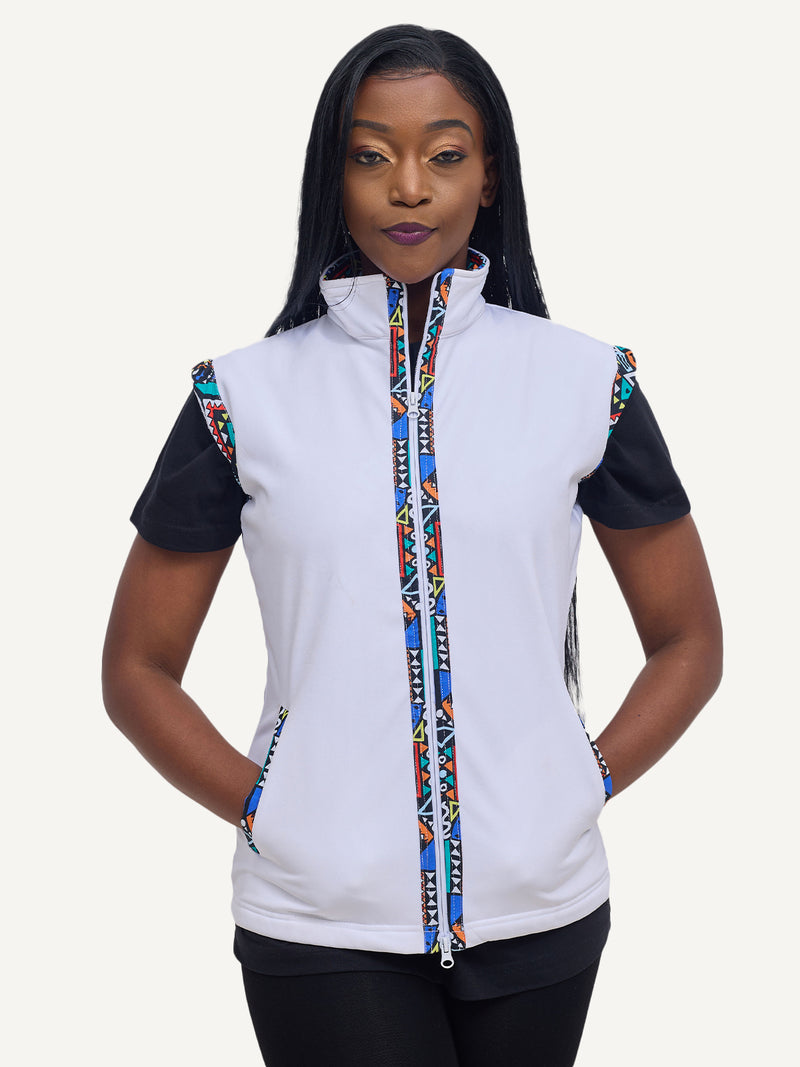 White with Blue Tribal Ladies Softshell Jacket: Sleeveless
