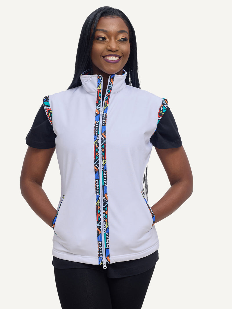 White with Blue Tribal Ladies Softshell Jacket: Sleeveless