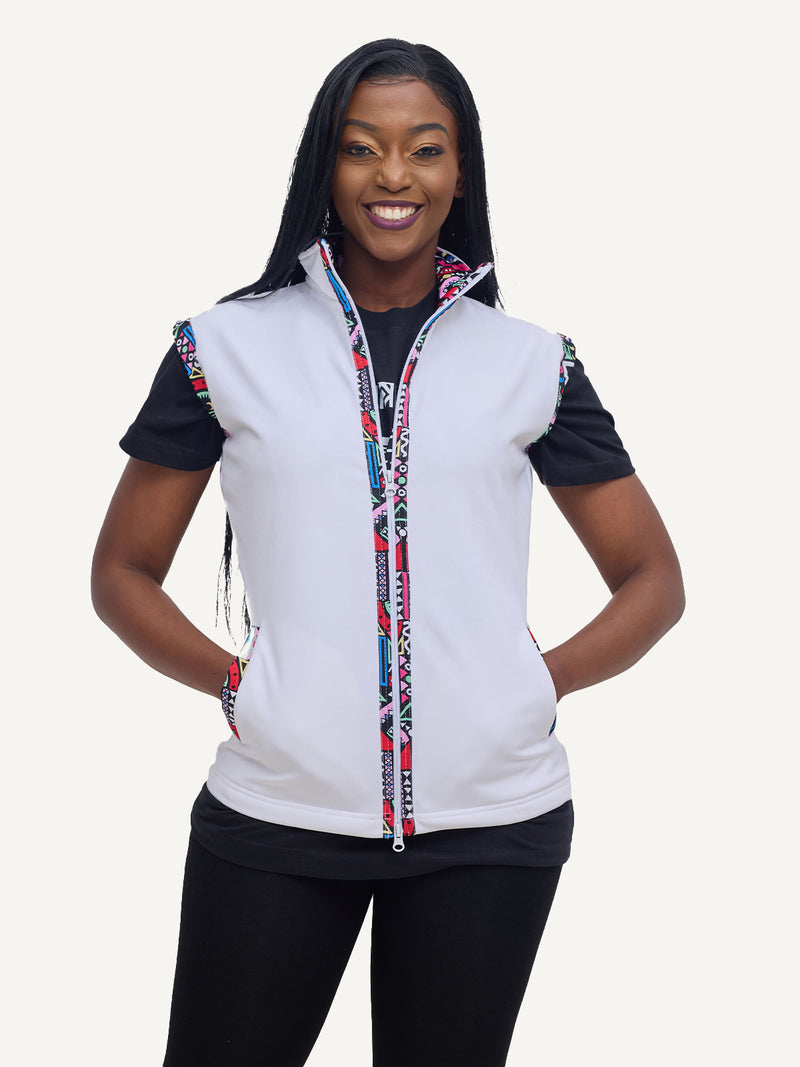White with Pink Tribal Ladies Softshell Jacket: Sleeveless