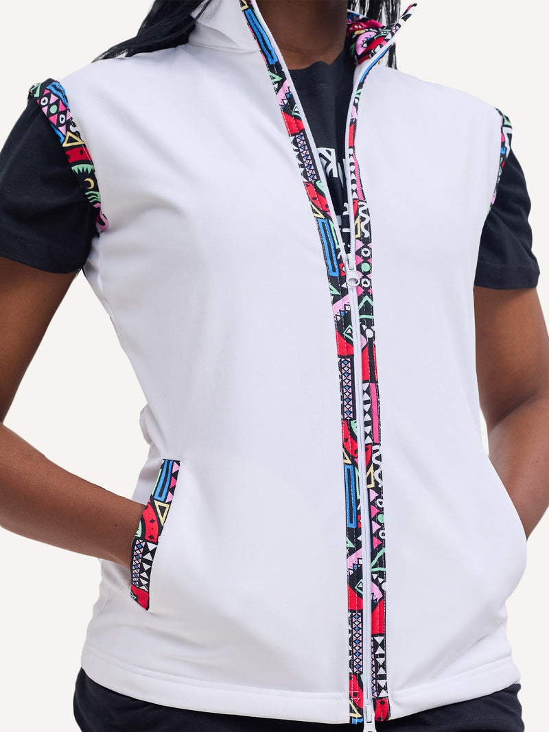 White with Pink Tribal Ladies Softshell Jacket: Sleeveless