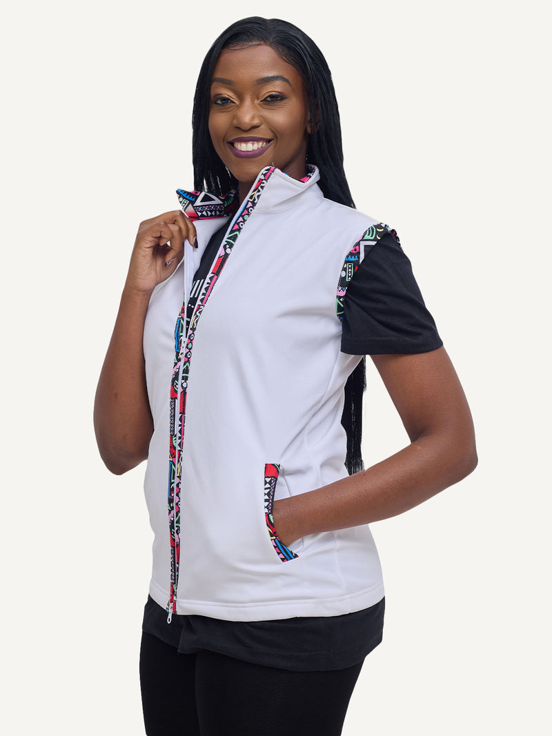 White with Pink Tribal Ladies Softshell Jacket: Sleeveless