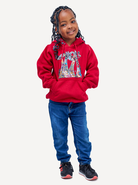 Kali Kids Graphic Hoodies: Cherry Red with Twiga Family