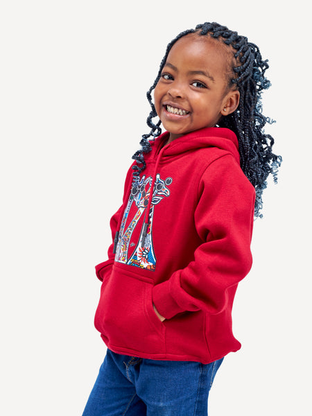 Kali Kids Graphic Hoodies: Cherry Red with Twiga Family