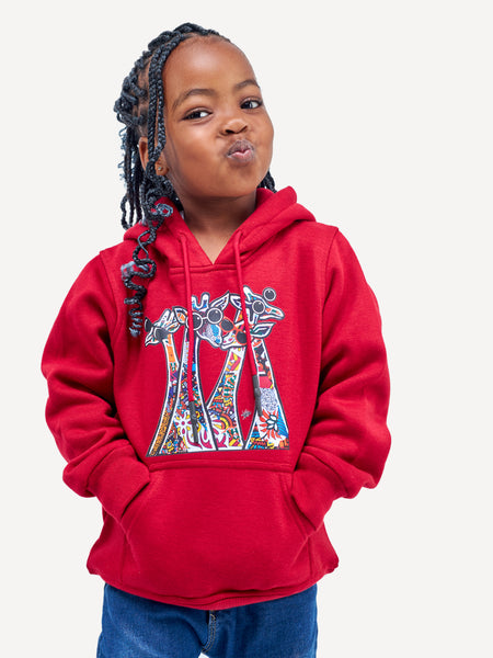 Kali Kids Graphic Hoodies: Cherry Red with Twiga Family