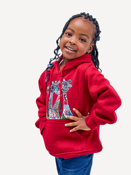 Kali Kids Graphic Hoodies: Cherry Red with Twiga Family