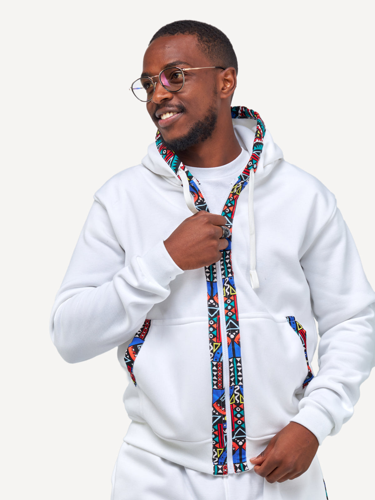 Kali Zipper Hoodies: White with Blue Tribal