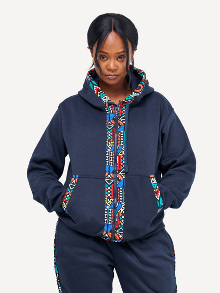 Kali Zipper Hoodies: Navy with Blue Tribal