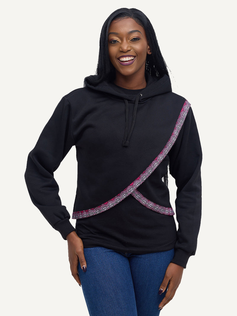 Ladies Hoodies: Crop - Black with Pink Salmon Print