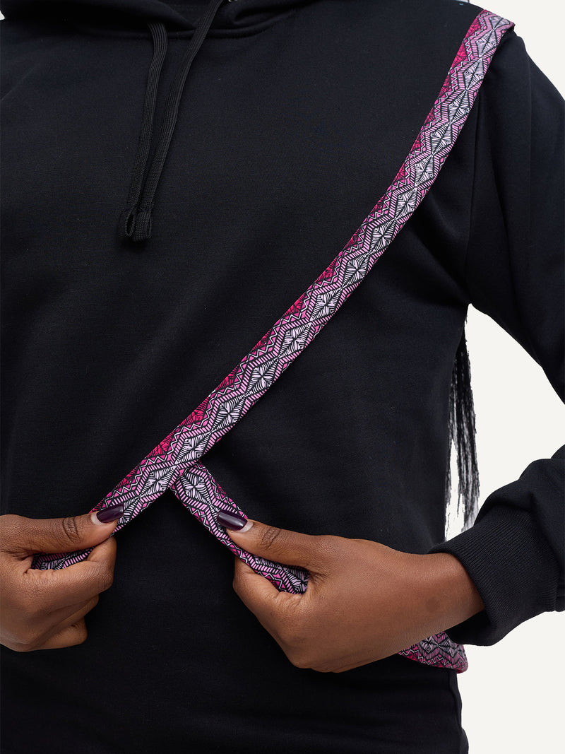 Ladies Hoodies: Crop - Black with Pink Salmon Print