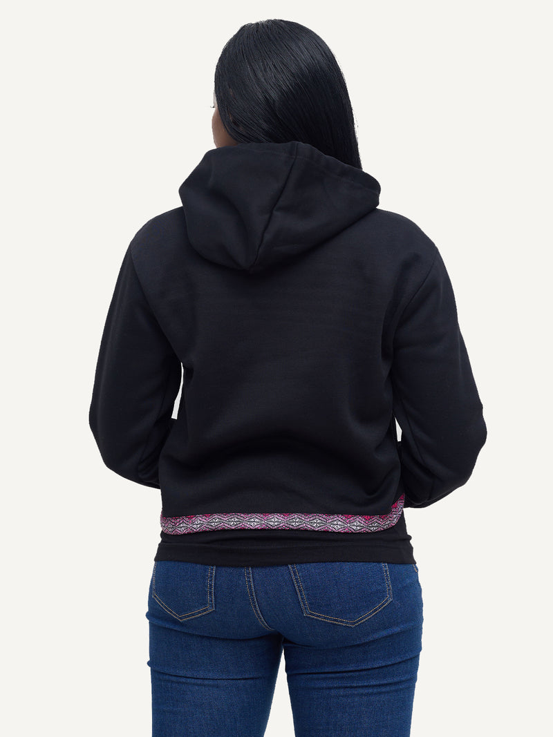 Ladies Hoodies: Crop - Black with Pink Salmon Print