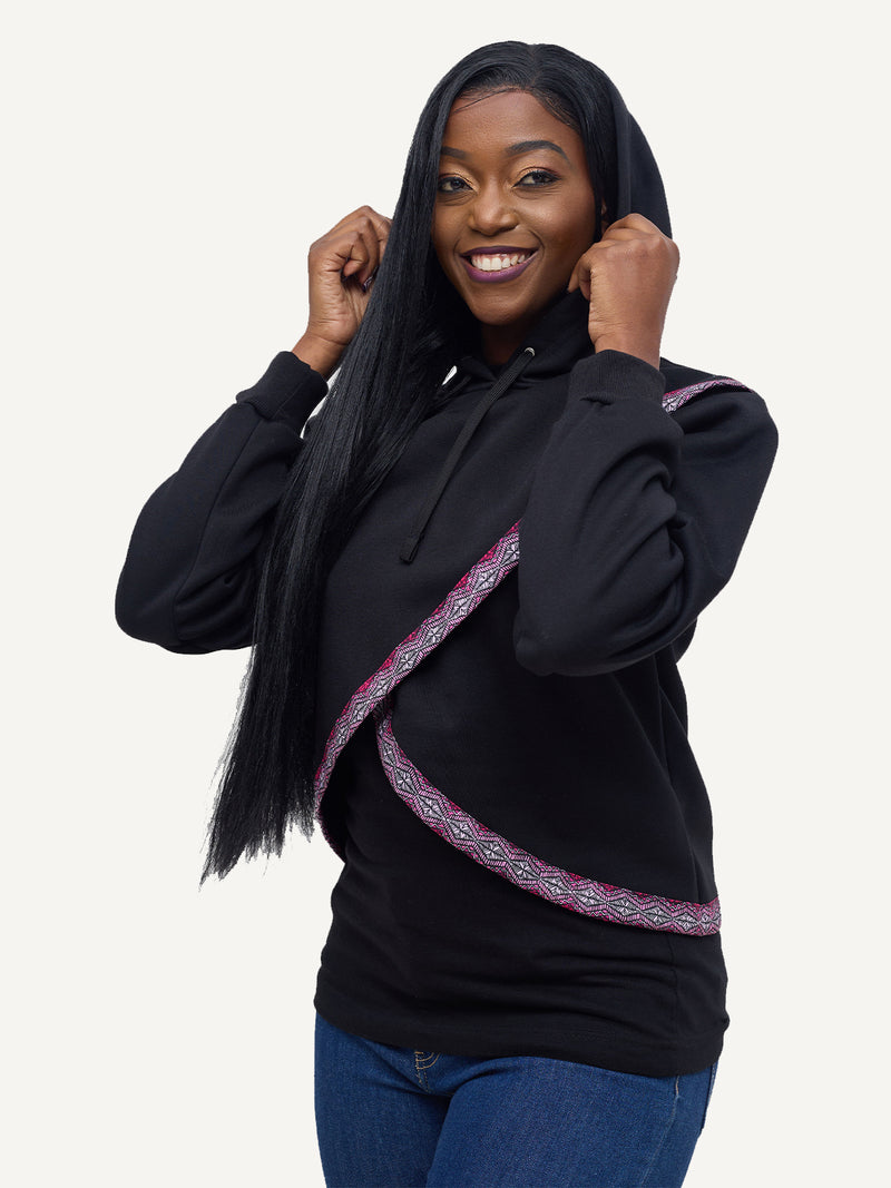 Ladies Hoodies: Crop - Black with Pink Salmon Print