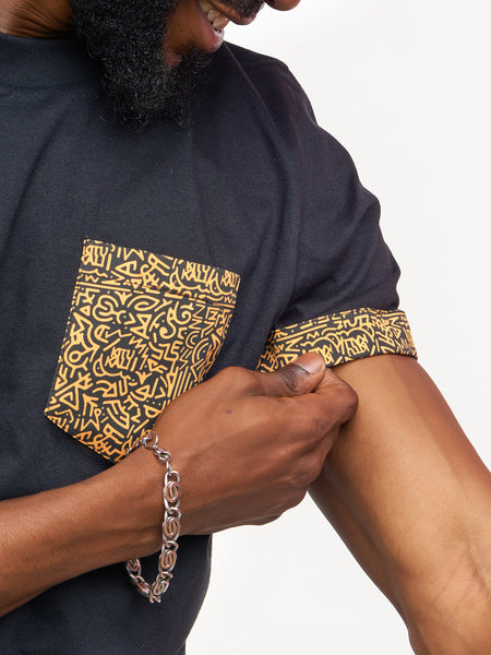 Kali Premium Ts: Black with Gold KK Print (Pocket & Sleeves)