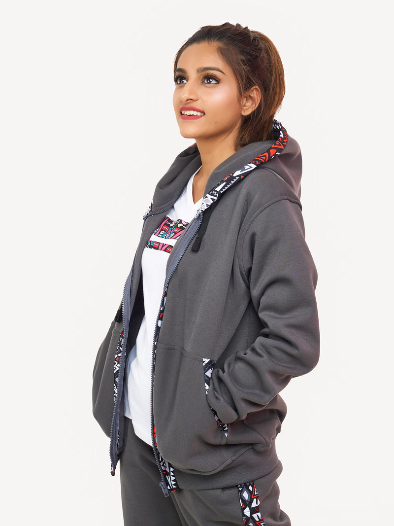 Kali Zipper Hoodies: Dark Grey with Red & Grey KK