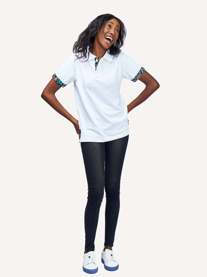 Kali Premium Polos: White with Blue Tribal (Collars)