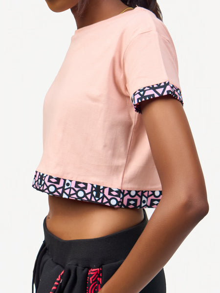 Ladies Crop Top: Baby Pink with Pink & White Tribal
