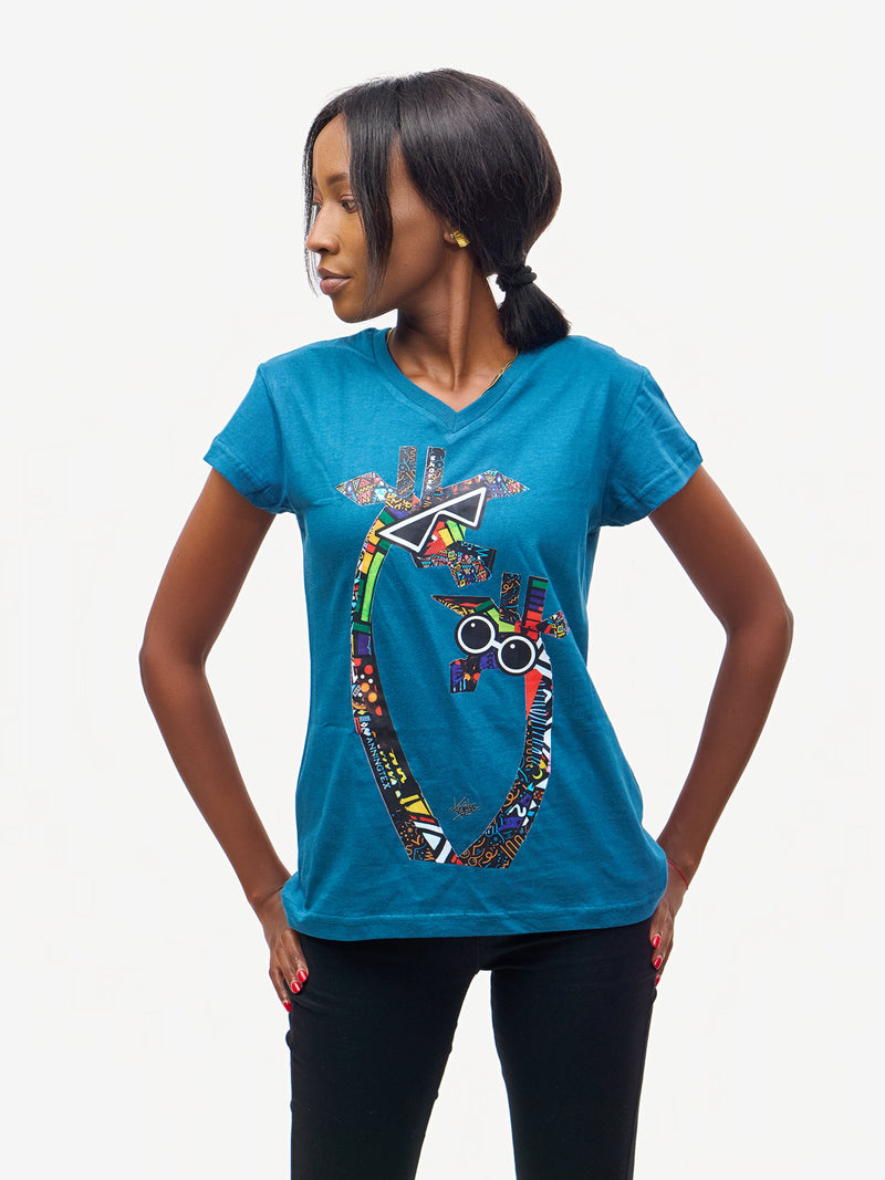 Ladies Graphic Ts: Petrol Blue With Twiga