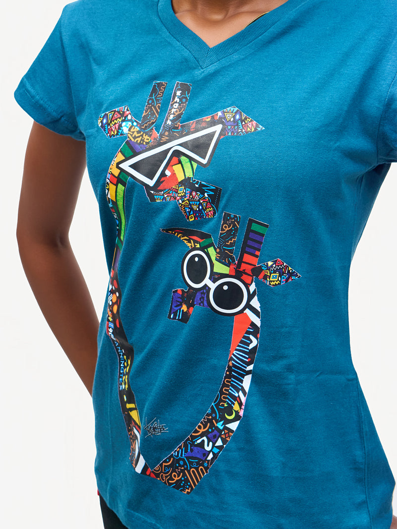 Ladies Graphic Ts: Petrol Blue With Twiga