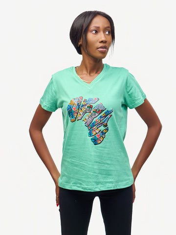 Ladies Graphic Ts: Lagoon Green with African Map 2